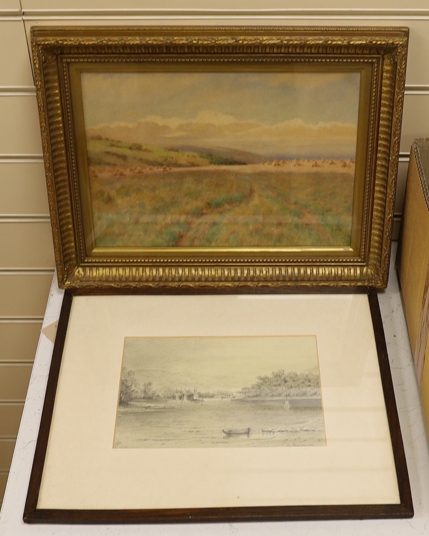 John Barlow Wood (1862–1949), watercolour, 'At the edge of the cornfield', together with a pencil sketch of a river landscape, indistinctly monogrammed, largest 22 x 33cm